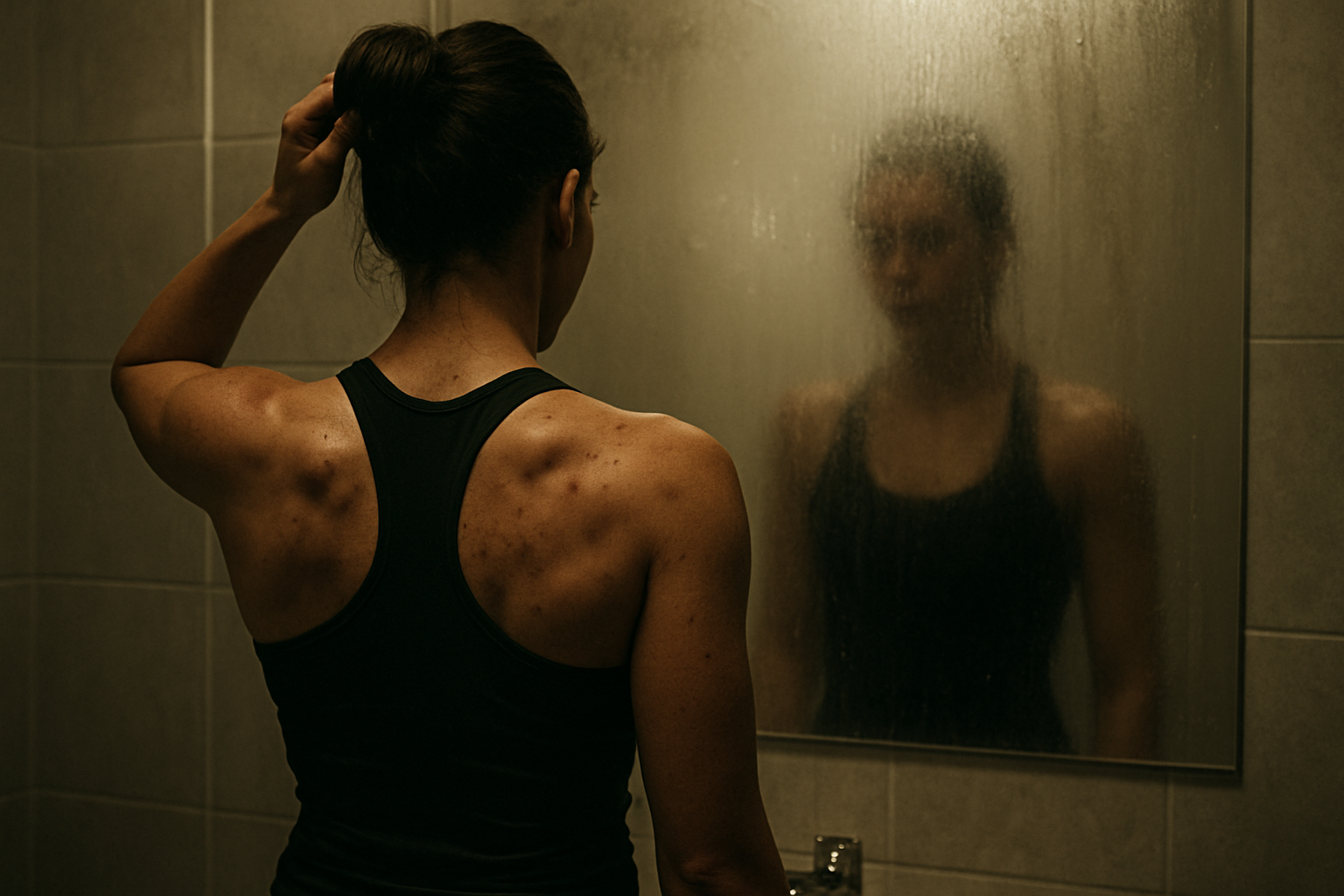Reflexo no espelho mostrando acne nas costas