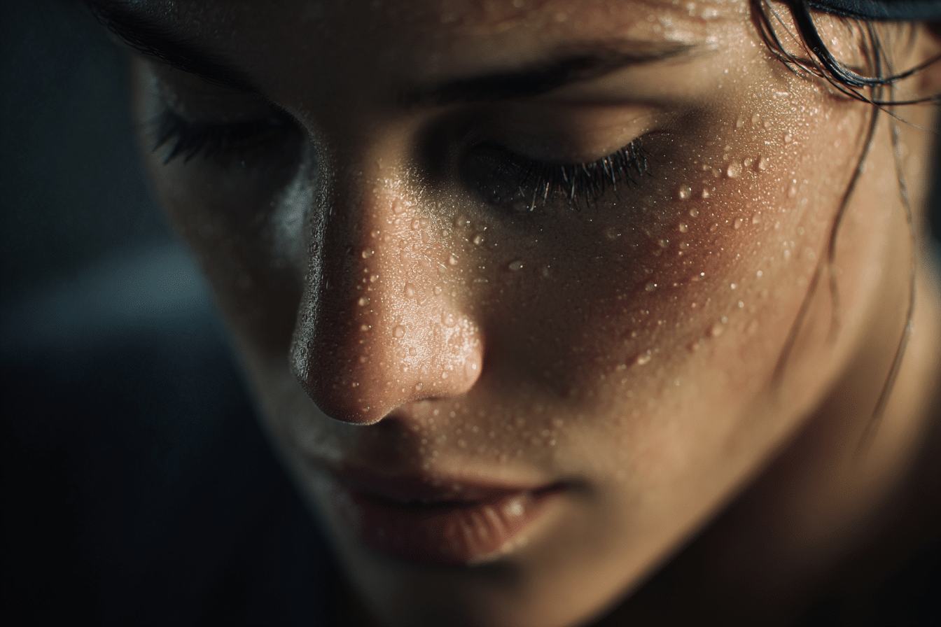 Close-up no rosto de uma mulher suada, focada, simbolizando a resiliência mental.