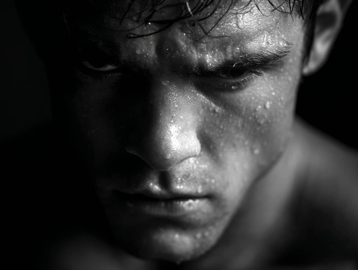 Rosto de um corredor com expressão de foco intenso, representando a performance cognitiva.