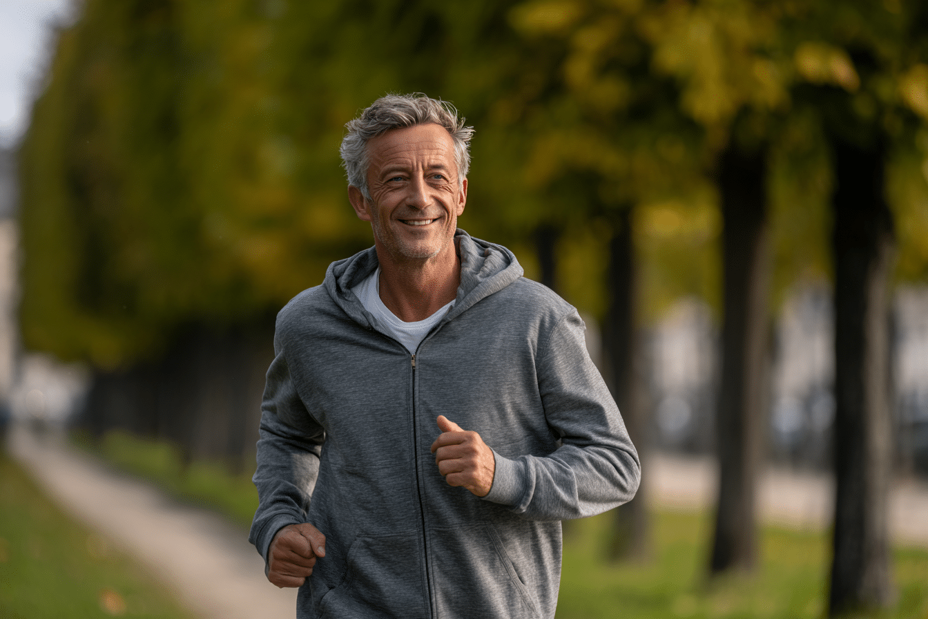 Homem mais velho correndo em um parque, sorrindo, representando longevidade e saúde.