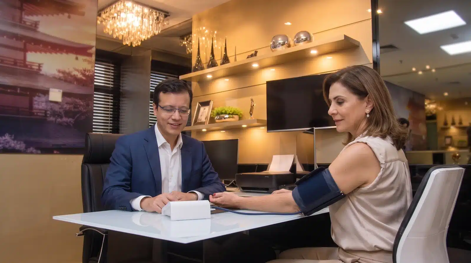 O Dr. Rafael à mesa do consultório, olhando o aparelho da avaliação arterial, com uma paciente ao lado com a braçadeira no braço