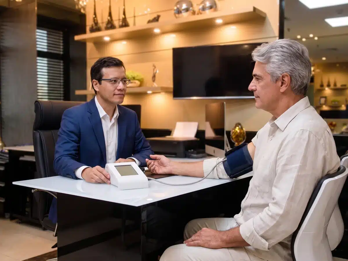 O Dr. Rafael e um paciente de braçadeira, frente a frente à mesa do consultório, com o aparelho da avaliação arterial entre os dois