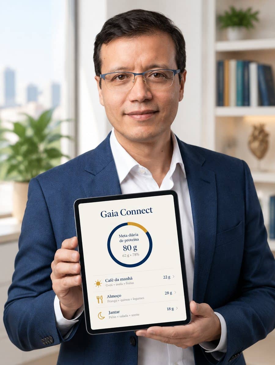 Dr. Rafael Otsuzi mostrando o Gaia Connect no tablet